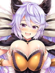 animal_ears areola_slip areolae blush bow breast_grab breasts cleavage commentary_request female grabbing granblue_fantasy hair_between_eyes hairbow heavy_breathing large_breasts long_hair looking_at_viewer lying open_mouth purple_eyes purple_hair satyr_(granblue_fantasy) uni8