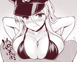 azur_lane bangs bare_shoulders bikini_top bismarck_(azur_lane) blush breast_squeeze breasts cleavage closed_mouth collarbone female gradient gradient_background greyscale hair_between_eyes hat large_breasts long_hair looking_at_viewer military_hat monochrome paizuri peaked_cap penis solo_focus uni8