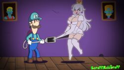 1boy 1girls angry animated annoyed assisted_exposure big_breasts blush boosette bouncing_breasts breasts brown_hair cleavage crown dress_pull embarrassed exposed_pussy floating ghost luigi luigi's_mansion mario_(series) mustache new_super_mario_bros._u_deluxe nintendo overalls pussy red_eyes scruffmuhgruff skirt stockings thighhighs upskirt white_hair