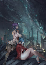 2girls absurdres au_ra bare_shoulders black_hair braid breasts brown_legwear city commission curvy cutesexyrobutts decima final_fantasy final_fantasy_xiv garlean highres hip_focus horns large_breasts multiple_girls navel night night_sky nipples no_panties paid_reward patreon_reward purple_hair sandals short_hair sin_faye sky source_request tail thick_thighs thighhighs thighs toes topless xaela