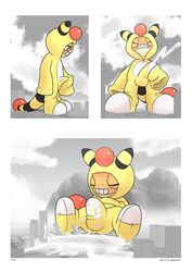 1boy absurd_res ampharos amphy balls_in_bodysuit bodily_fluids bulge city cosplay cum cum_in_bodysuit cum_through_clothes erection_under_clothes genital_fluids gobanire hi_res macro male_only nintendo no_humans original_character penis_in_bodysuit pokémon_(species) pokemon pokemon_(species) pokemon_bw pokemon_gsc scalie scraggy text video_games watermark what white_border