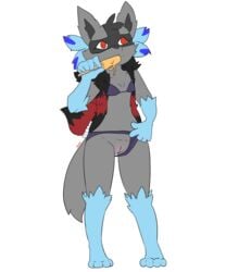 1girls 2019 4_toes alternate_color anthro belly big_ears bikini bikini_aside black_fur blue_fur blue_hair breasts canine clothed clothing dessert digital_media_(artwork) eating eyelashes feet female flat_chest food fox fusion grey_fur hi_res hybrid hyena ice_cream looking_away lucario mammal may_(kojondian) midriff multi_tail nintendo original_character paws pokemon pokemon_(species) pokemon_bw pokemon_rgby pokemon_rse poochyena purple_bikini pussy raveneevee red_eyes red_fur small_breasts solo source_request swimwear tail text video_games watermark zoroark