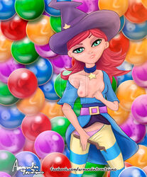 breasts bubble_witch_saga_2 cloak clothes_off exhibitionism female flirting green_eyes human legwear necklace panties red_hair seductive seductive_look small_breasts stella_(bubble_witch) tights wizard_cape wizard_hat