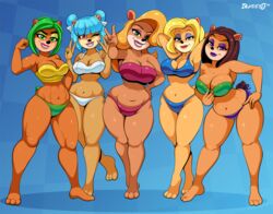 2019 3_toes 5girls abs ami_bandicoot animal_ears animal_tail anthro arm_up armpits arms_behind_head bandicoot biceps big_breasts bikini bimbo black_nose blonde blonde_hair blue_background blue_bikini blue_eyes blue_hair blue_swimsuit bows breasts brown_hair busty chubby cleavage clothing crash_(series) crash_bandicoot_(series) crash_team_racing crash_team_racing_nitro-fueled curvy dated double_bun ear_piercing eyelashes eyeshadow female female_only fit fit_female flexing fully_clothed furry furry_only green_bikini_bottom green_bikini_top green_eyes green_hair group hair_ribbons hairbow half-closed_eyes hand_on_hip hands_behind_head highres huge_breasts imadeej isabella_bandicoot large_breasts lips lipstick liz_bandicoot long_hair looking_at_viewer mammal marsupial medium_breasts medium_hair megumi_bandicoot mole mole_above_mouth multiple_females multiple_girls muscles muscular muscular_female muscular_legs naughty_dog navel one_eye_closed orange_fur piercings pink_bikini pink_lipstick pink_swimsuit purple_bikini_bottom purple_eyes purple_lipstick red_eyes red_lipstick ribbons sexually_suggestive shiny_clothes shiny_fur shiny_hair short_hair short_tail short_twintails side-tie_bikini signature smile smiling sony_corporation sony_interactive_entertainment standing swimsuit tail take_your_pick tawna_bandicoot teeth text thick_thighs twintails v video_game video_games voluptuous white_bikini white_bow white_ribbon white_swimsuit wide_hips wink winking yellow_bikini_top yellow_fur