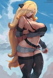 1girls abs absurdres alternate_breast_size alternate_outfit areolae ass belt blonde_hair blue_sky breasts brown_eyes cleavage cutesexyrobutts cynthia_(pokemon) female female_only grey_eyes hair_ornament hair_over_one_eye hairclip half-closed_eyes highres huge_breasts human human_only inverted_nipples jacket large_breasts long_hair looking_at_viewer muscular_female naughty_face nintendo nipples paid_reward parted_lips patreon_reward poke_ball pokemon pokemon_dppt seductive shirt short_shorts shorts sketch sky solo text thick_thighs thighhighs thighs torn_clothes very_long_hair watermark wide_hips