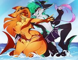 1boy 1girls anthro armpits ass assisted_exposure black_skin breasts brown_skin bulge clothing curvaceous duo eyewear female fins fish goggles green_hair green_skin hi_res huge_ass kael_(fenrisu) kangaroo large_breasts long_hair macropod male mammal marine marsupial nipples open_mouth orange_hair orange_skin original_character outside panties panty_pull pussy red_eyes shark short_hair smile spirale spirale_(character) sunglasses swimming_trunks swimwear tail thick_thighs topless underwear undressing water wet white_skin wide_hips