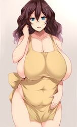 apron blue_eyes breasts_bigger_than_head brown_hair curvaceous curvy female female_only gegege_no_kitarou hadaka_apron huge_breasts human inuyama_junko large_breasts long_hair looking_at_viewer mature mature_female mature_woman milf naked_apron plump standing thick_thighs tsukasawa_takamatsu voluptuous