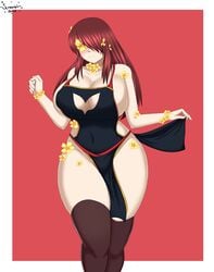 areola_slip areolae cleavage cleavage_cutout commission curvaceous curvy fae-sama female flower flowerfell frisk huge_breasts large_breasts pinup red_hair simple_background skirt skirt_lift solo solo_focus thick_thighs thighhighs underfell undertale undertale_fanfiction voluptuous