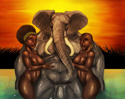 afro anthro breasts dark_skin ear_piercing ear_ring elephant elephantid female group headebanger human human_on_anthro interspecies larger_anthro larger_male male mammal muscular nude outside penis piercing proboscidean size_difference smaller_female smaller_human tusks water