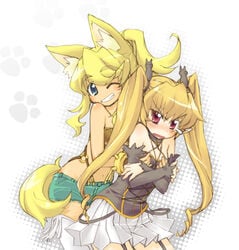 2girls animal_ears blonde_hair blue_eyes blush bracelet breast_grab breasts cutoffs dark_skin denim denim_shorts female gloves halo_(artist) jewelry liru long_hair multiple_girls pachira pointy_ears red_eyes renkin_san-kyuu_magical_pokaan short_hair shorts tail tied_hair twintails vampire wolf_ears wolf_tail yuri