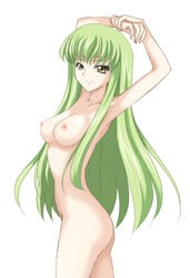 arms_up breasts c.c. code_geass green_hair long_hair nipples nude smile syou syou_(crecre) yellow_eyes