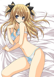 bed_sheet bikini blonde_hair blue_eyes long_hair lying navel on_side quiz_magic_academy shalon swimsuit thighs yukiwo