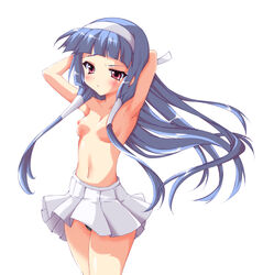 1girls bangs blue_hair blunt_bangs breasts female female_only flat_chest hair_tubes hayakawa_harui kannagi long_hair miniskirt nagi nipples no_bra panties skirt small_breasts solo topless underwear