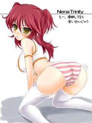 erect_nipples gundam gundam_00 katsuragi_niya kneeling midriff nena_trinity panties red_hair striped striped_panties thighhighs translation_request underwear yellow_eyes