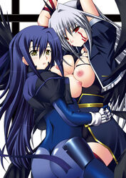 black_wings breast_press breasts facial_mark female ginga_nakajima gloves kuronezumi large_breasts long_hair lyrical_nanoha mahou_shoujo_lyrical_nanoha mahou_shoujo_lyrical_nanoha_a's mahou_shoujo_lyrical_nanoha_strikers multi_wing multiple_girls nipples open_clothes open_shirt purple_hair red_eyes reinforce shirt silver_hair symmetrical_docking thighhighs time_paradox torn_clothes wings yellow_eyes yuri