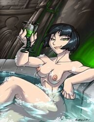 2d bath bathroom black_hair breasts bubble dated drink green_eyes happy harry_potter holding_drink holding_glass holding_object in_water knee_up kristoffer_remmell legs light-skinned_female light_skin looking_at_viewer medium_hair nipples nude_female pansy_parkinson shiny_hair shiny_skin side_view sitting slytherin smile smirk sole_female tagme text thighs water watermark