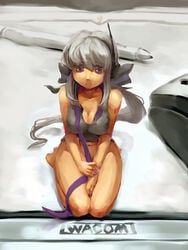 1girls bottomless breasts cleavage female grey_hair minigirl poth ribbon silver_hair solo stylus tablet vocaloid voyakiloid wacom yowane_haku