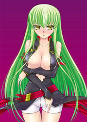 areolae blush breast_hold breasts c.c. cleavage code_geass detached_sleeves fujimaru_arikui green_hair large_breasts long_hair nipple_slip nipples open_clothes open_shirt shirt short_shorts shorts thigh_gap thighs yellow_eyes