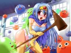 1girls bangs black_eyes blue_hair blue_skin blush breasts bubble_slime cape circlet cleavage clothing dragon_quest dragon_quest_iii dress elbow_gloves female game_cg gem green_skin hair_between_eyes holding imminent_rape indoors jumping large_breasts leaning_forward legwear long_hair monster motion_blur no_bra o_o open_mouth orange_skin panties pink_panties red_eyes sage_(dq3) she-slime short_dress size_difference skirt skirt_tug slime slime_(dragon_quest) slime_monster small_dom_big_sub smaller_male smile splush_wave staff standing stockings surprised sweat taut_shirt thighhighs thighs torn_clothes torn_thighhighs underwear very_long_hair weapon window yellow_legwear