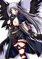 black_wings breasts facial_mark gloves kuronezumi lyrical_nanoha mahou_shoujo_lyrical_nanoha mahou_shoujo_lyrical_nanoha_a's multi_wing nipples red_eyes reinforce silver_hair thighhighs torn_clothes wings