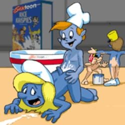 animated crackle_(rice_krispies) crossover cum female male mascot pop_(rice_krispies) rice_krispies sextoon smurf smurfette snap_(rice_krispies) straight the_smurfs what