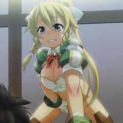 1boy alfheim_online black_hair black_legwear blonde_hair blush bottomless braid censored elf female gloves green_eyes guided_penetration hair_ornament highres imminent_sex incest kirigaya_kazuto kirito leafa long_hair penis ponytail spriggan_(alo) sweat sword_art_online sword_art_online:_fairy_dance sylph takeda_yukimura tam2 tied_hair twin_braids