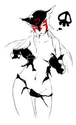 1girls 2008 areolae bare_shoulders blue_eyes blush breasts clothing covering covering_breasts defeated doronjo female gloves human large_breasts long_hair mask medium_breasts monochrome navel noise_(tsuzuki) partially_colored sketch skull solo time_bokan_(series) torn_clothes villainess yatterman