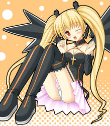 bare_shoulders blonde_hair blush boots breasts choker cleavage cross elbow_gloves female female_only garter_belt gloves hair hair_ornament jewelry long_hair necklace open_mouth pachira panchira panchira_(sitting) panties pantyshot pantyshot_(sitting) pointy_ears red_eyes renkin_san-kyuu_magical_pokaan sitting skirt solo thigh_boots thighhighs tied_hair twintails uehiro underwear vampire very_long_hair white_panties wink