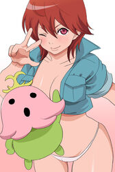 breasts cleavage denim digimon digimon_data_squad digimon_savers female fk696 fujieda_yoshino lalamon lowleg lowleg_panties multiple_girls no_bra panties red_eyes red_hair smile underwear vest wink