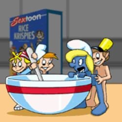 animated crackle_(rice_krispies) female male mascot pop_(rice_krispies) rice_krispies sextoon smurf smurfette snap_(rice_krispies) straight the_smurfs