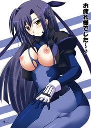 1girls ass bodysuit breasts female ginga_nakajima kuronezumi long_hair lyrical_nanoha mahou_shoujo_lyrical_nanoha mahou_shoujo_lyrical_nanoha_strikers purple_hair skin_tight solo torn_clothes yellow_eyes