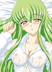 breasts c.c. cleavage code_geass dress_shirt eiji erect_nipples fingernails green_hair long_fingernails long_hair long_nails lying nail nails see-through shirt yellow_eyes