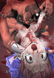 beige_skin biting bleeding blood blood_stain bloody_clothes breasts brown_eyes brown_hair clothes color exposed_breasts female gore hair human injury interspecies mouth open_eyes open_mouth puncture rimururu samurai_shodown small_breasts stained_clothes wound youkai_kusaregedo