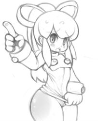 1girls blush_stickers bottomless capcom female flat_chest hair_ribbon long_hair matospectoru mega_man mega_man(classic) monochrome payot pointing ponytail pussy ribbon roll shirt_tug solo thick_thighs thighs tied_hair uncensored