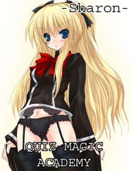 blonde_hair blue_eyes garter_belt kannon_ouji lingerie quiz_magic_academy shalon sharon solo thighhighs underwear