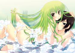 araiguma ass bath black_hair body_soaping breasts c.c. code_geass coed_bathing couple cowgirl_position female foam green_hair lelouch_lamperouge long_hair mixed_bathing nipples nude purple_eyes short_hair soap straddle wet yellow_eyes