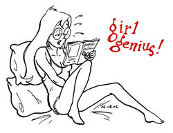 agatha_heterodyne girl_genius glasses masturbating_to_magazine nightie tagme webcomic white_background work_name