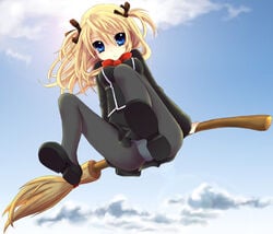 1girls blue_eyes broom broom_riding cloud clouds female flying flying_broom panties panties_under_pantyhose pantyhose pantyshot quiz_magic_academy ribbon ribbons shalon sky solo striped striped_panties underwear upskirt