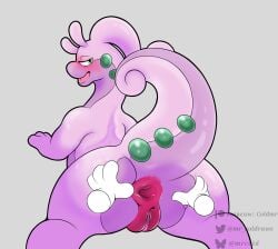 anthro anus ass female feral generation_6_pokemon genitals goodra green_eyes half-closed_eyes hi_res lying mrcold narrowed_eyes nintendo on_front open_mouth pokemon pokemon_(species) presenting presenting_hindquarters purple_body pussy raised_tail signature simple_background solo spread_anus spread_butt spreading tail tail_anus thick_tail tongue