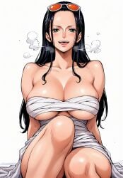 ai_generated alluring almost_naked almost_nude big_breasts big_breasts black_hair blue_eyes blush blush breasts breasts glasses long_hair looking_at_viewer nico_robin one_piece post-timeskip ribbon ribbon_only ribbons seducing seduction seductive seductive_body seductive_eyes seductive_gaze seductive_look seductive_mouth seductive_pose shiny_hair shiny_skin steamy_breath sunglasses sunglasses_on_head sweat sweatdrop sweating sweaty sweaty_body voluptuous voluptuous_female yashin