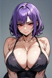 1girls ai_generated big_eyes cleavage collarbone cute detailed_eyes dress female feminine huge_breasts looking_at_viewer oc one_eye_closed original_character purple_hair raised_eyebrow red_eyes saggy_breasts smile solo standing vector_trace wide_hips