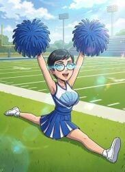 1girls ai_generated arms_above_head big_breasts black_hair blue_eyes breasts carmen_sandiego_(2019) carmen_sandiego_(franchise) cheerleader cheerleader_outfit cheerleader_uniform female female_focus female_only femsub football_field glasses glowing glowing_blue_eyes glowing_eyes happy happy_trance hypnosis hypnotized_female julia_argent julia_argent_(carmen_sandiego) large_boobs large_breasts legs looking_at_viewer mind_control outdoors pom_pom_(cheerleading) pom_poms pose posing short_hair smile sneakers solo solo_female solo_focus splits splits_position zupern0va_(manipper)