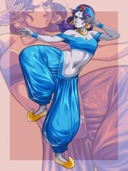 aladdin arabian_clothes belly_dancer belly_dancer_outfit cleavage crossover_cosplay dc dc_comics disney disney_princess forehead_jewel harem_outfit harem_pants large_breasts long_hair princess_jasmine_(cosplay) purple_eyes purple_hair rachel_roth raven_(dc) teen_titans triplexmile