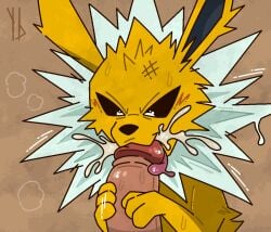 ambiguous_gender blush blush_lines bodily_fluids cum cum_in_mouth cum_inside eeveelution ejaculation erection fellatio feral fur generation_1_pokemon genital_fluids human human_on_feral interspecies jolteon male/ambiguous mammal nintendo oral orgasm penile penis_in_mouth pokemon pokemon_(species) pokephilia sex simple_background sweat sweatdrop tan_background tongue tongue_on_penis yaldabroth yellow_body yellow_fur zoophilia