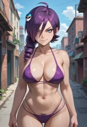 ai_generated blue_eyes breasts cameltoe civitai cleavage clothed female female_focus goth goth_girl grin hair_ornament large_breasts outdoors pubic_hair pubic_hair_peek purple_hair solo zone-tan