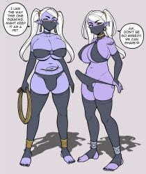 2futas big_breasts clothed clothing dark_elf drow duo elf futa_only futadom futadom_caption futanari jam-orbital mostly_nude purple_skin slave_raid stirrup_legwear tagme white_hair