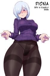 1girls big_breasts black_panties blush breasts clothing ear_piercing earrings female female_only fiona_frost hair hair_over_one_eye heart-shaped_pupils hito_clover huge_breasts legwear mature mature_female panties pantyhose purple_eyes purple_sweater short_hair solo solo_female spy_x_family sweater thick_thighs thighs white_hair