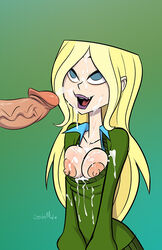 1boy 1girls areola areolae big_penis blonde blonde_hair blue_eyes blue_shirt breasts breasts_out bursting_breasts busty cartoon_network clothing cum cum_drip cum_on_breasts cum_on_clothes cum_on_face cum_on_upper_body cum_string cum_trail cumming dawn_(tdi) disembodied_penis dripping_cum exposed_breasts facial female female_focus gradient_background green_sweater huge_penis large_penis lips lipstick long_hair long_sleeves looking_up male medium_breasts nipples no_bra offscreen_male open_mouth partially_clothed penis purple_lipstick shiny_skin shirt shirt_pull signature stickymon straight sweater sweater_pull teeth tongue topless total_drama:_revenge_of_the_island total_drama_island unseen_male_face veiny_penis