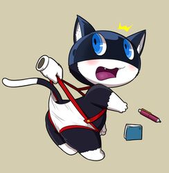 anthro black_hair blue_eyes blush disembodied_hand feline glove grabbing lkiws male_only mask morgana_(persona) notepad pen persona persona_5 straps surprised tail underwear