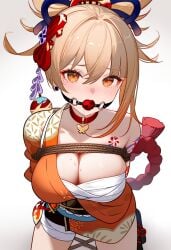 1girls ai_generated ball_gag big_breasts bondage breasts choker cleavage gag genshin_impact looking_at_viewer rope rope_bondage solo solo_female solo_focus yoimiya_(genshin_impact)